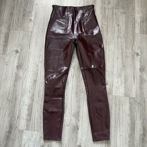 SPANX Pants - Spanx Faux Patent Leather Leggings Size S Burgundy High Rise Glam Night Out Luxe